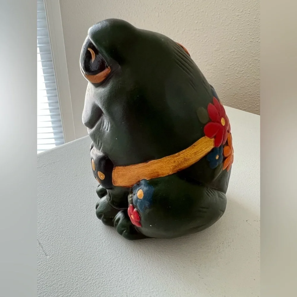 Frog Toad Figurine Smiling Hand Painted Ceramic | Signed | Bowtie Flowers